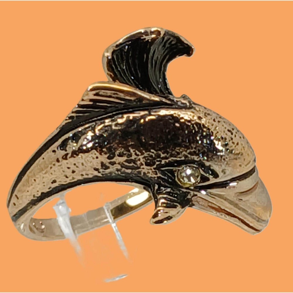 Vintage 90s Dolphin Ring Size 7.5 Antique Gold GP CZ‎ Diamond Eyes Retro Fashion